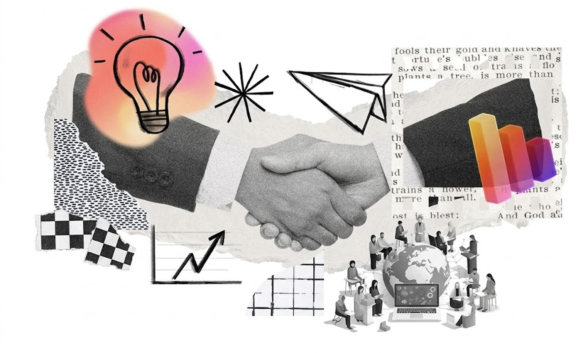 Solutions collage — handshake, lightbulb, charts, global team